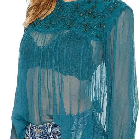 Free People Retro Femme Sheer Beaded Long Sleeve Blouse NWT Turquoise FLAW XS - Picture 11 of 11